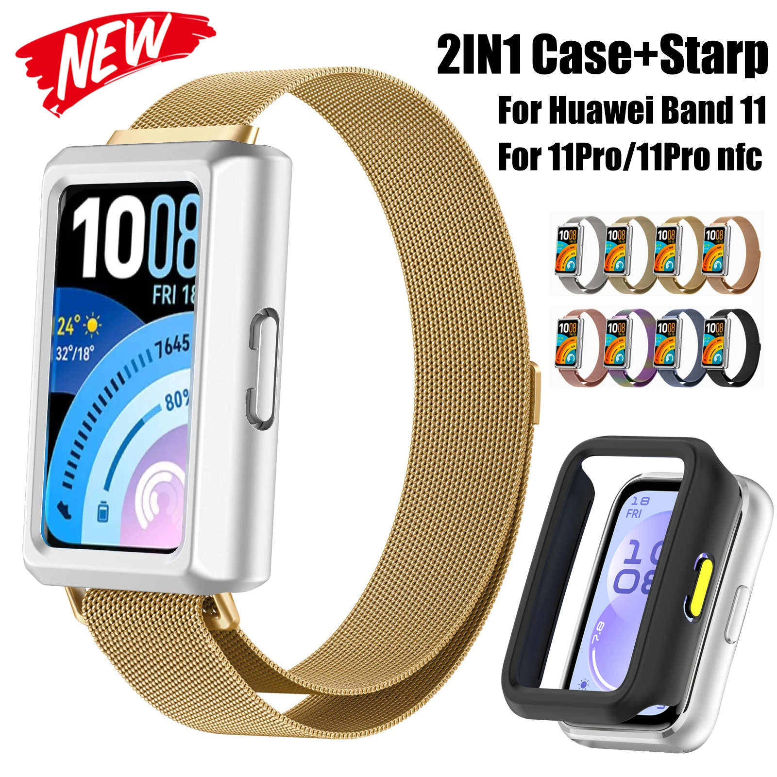 

Магнитный чехол 2-в-1 с полым корпусом для Huawei Band 11 Pro NFC, ремешок-петля Milanese Loop, жесткий бампер из поликарбоната для Huawei Band 11 NFC
