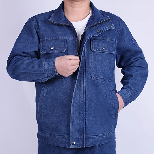 Set da Lavoro in Denim con Colletto Rialzato in Puro Cotone per Uomo, Tuta Resistente all'Usura e Anti-Scottatura per Riparatori