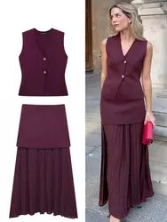 HH Women 2 Piece Set V-Neck Sleeveless Button Knitted Vest Top+Elegant Splicing High Waist Zipper Long Skirts Holiday Suits