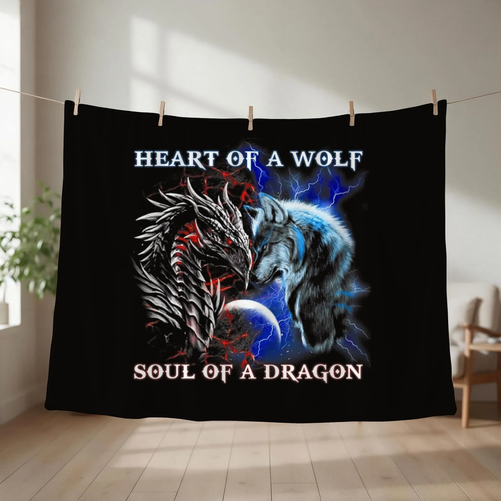 Heart Of Wolf Soul Of A Dragon - Cool Dragon - Wolf Warrior Throw Blanket couch cozy soft plush fuzzy picnic outdoor blanket