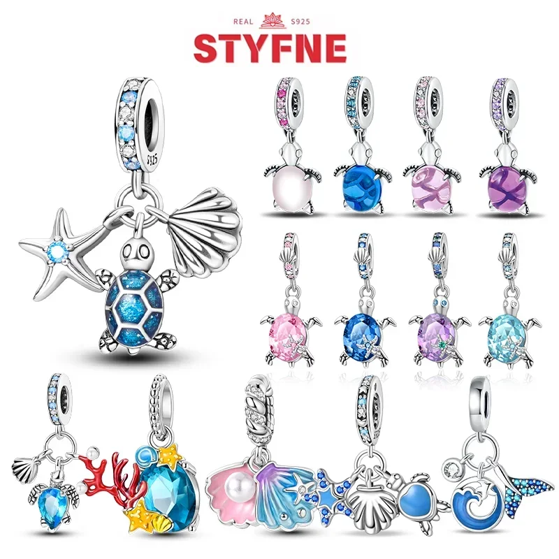 

925 Sterling Silver Ocean Series Blue Turtle Starfish Shell Fit Original Bracelet Charms for Women diy Fine Jewelry Gifts