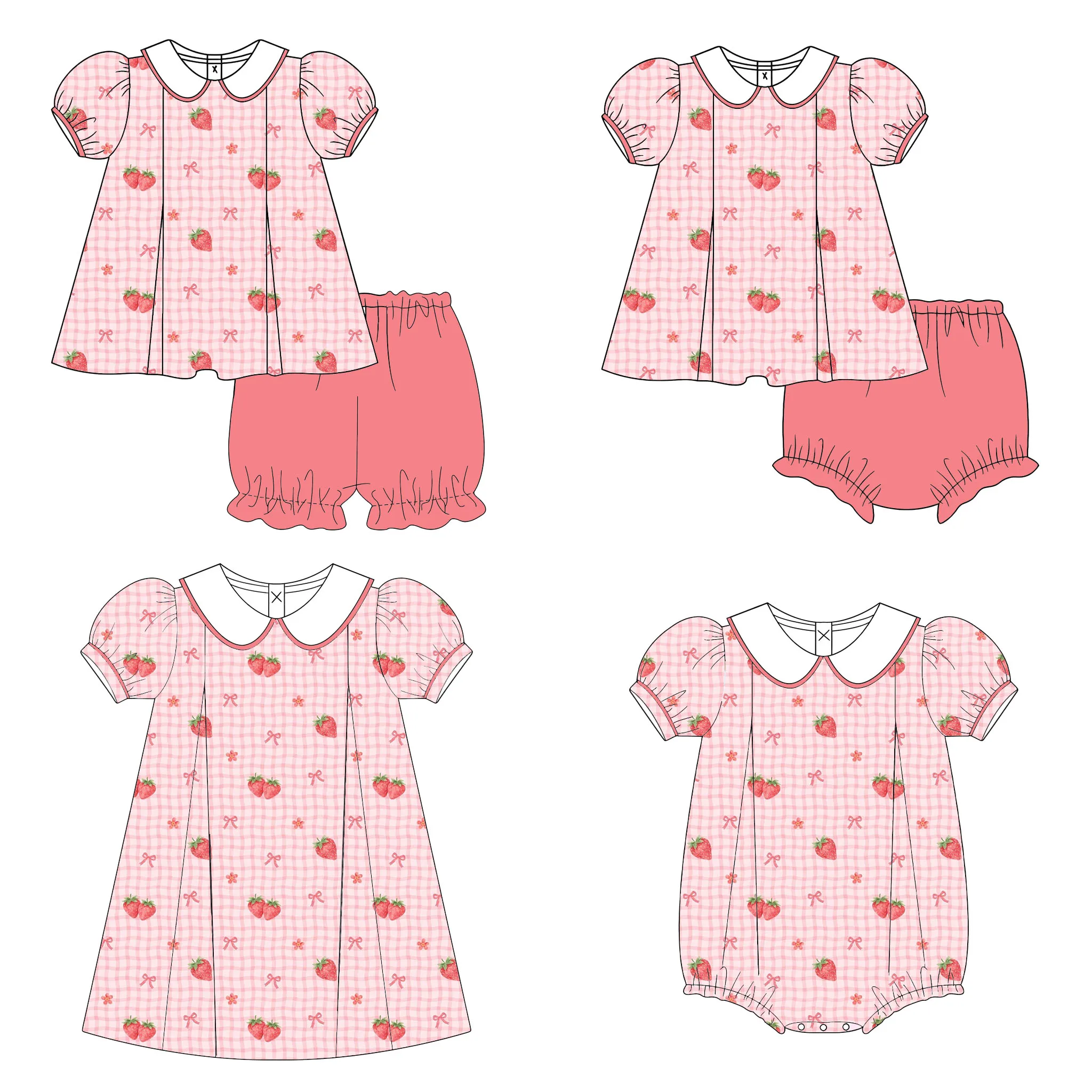 Boutique children's girls sets lapel puff sleeve dress matching shorts set strawberry shoes prints matching dresses and rompers
