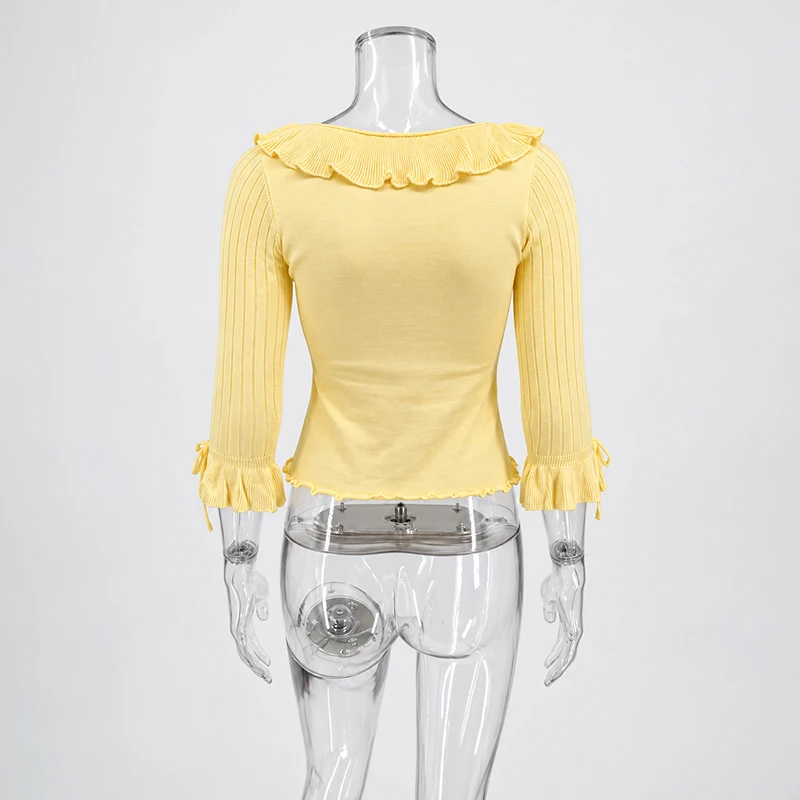 TARUXY Rüschen-Strickpullover für Damen mit Schleife und V-Ausschnitt, einfarbig, schmal geschnitten, für Pendler, Sommer, neu, Party- und Urlaubs-Oberteil – Detail 6