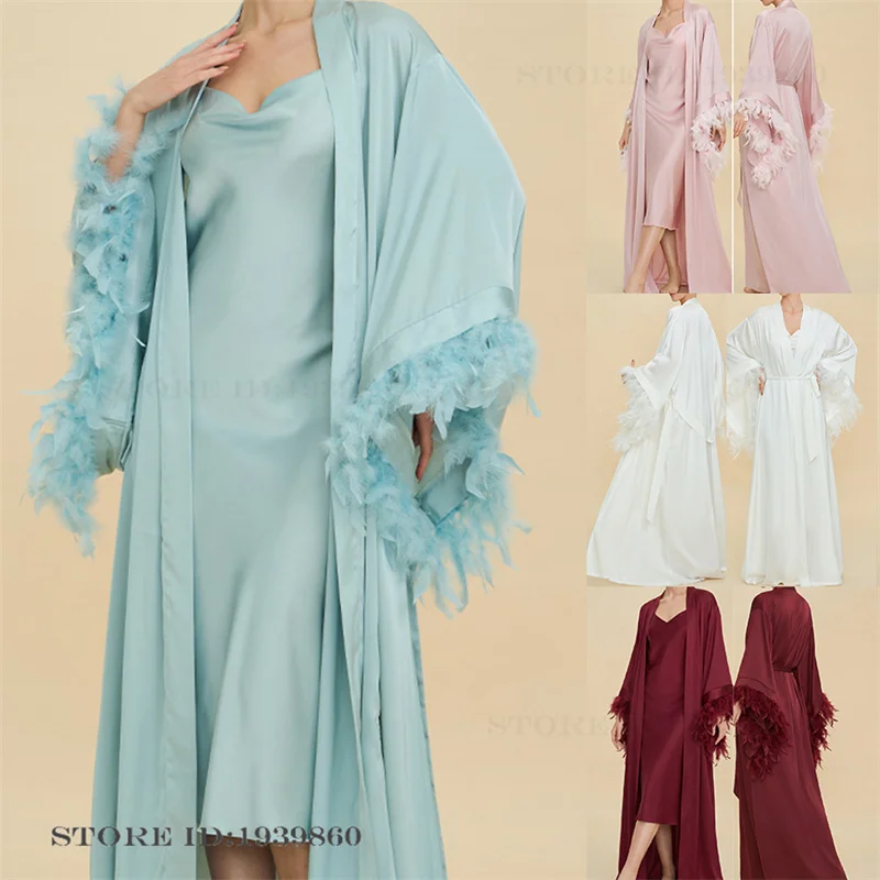 

Роскошный высококачественный женский комплект: длинный халат и ночная сорочка в элегантном французском стиле, с перьями, из шелковистого сатина, для дома и сна, нижнее белье