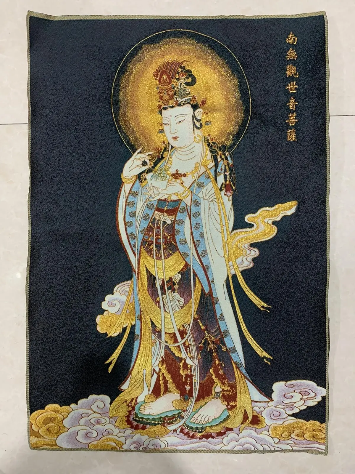 China Cloth Silk Guanyin Bodhisattva Mural Wall Hanging Tapestry Meditation 36"