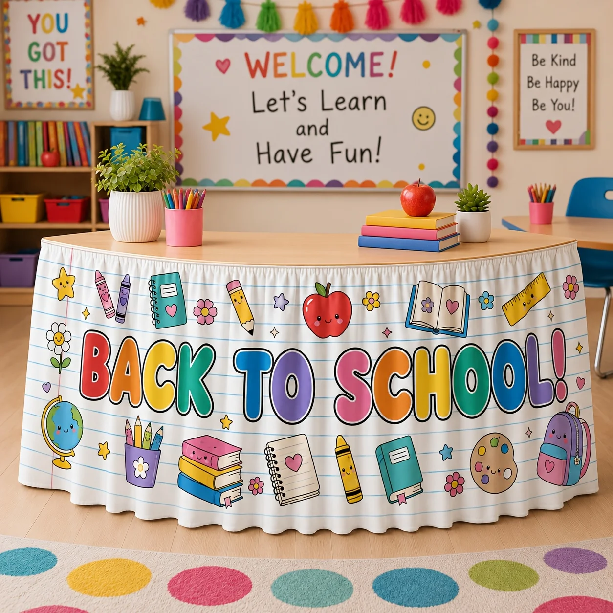 Party table skirt, 1-piece set. School season colorful cartoon stationery design table skirt, with book illustrations.zyc