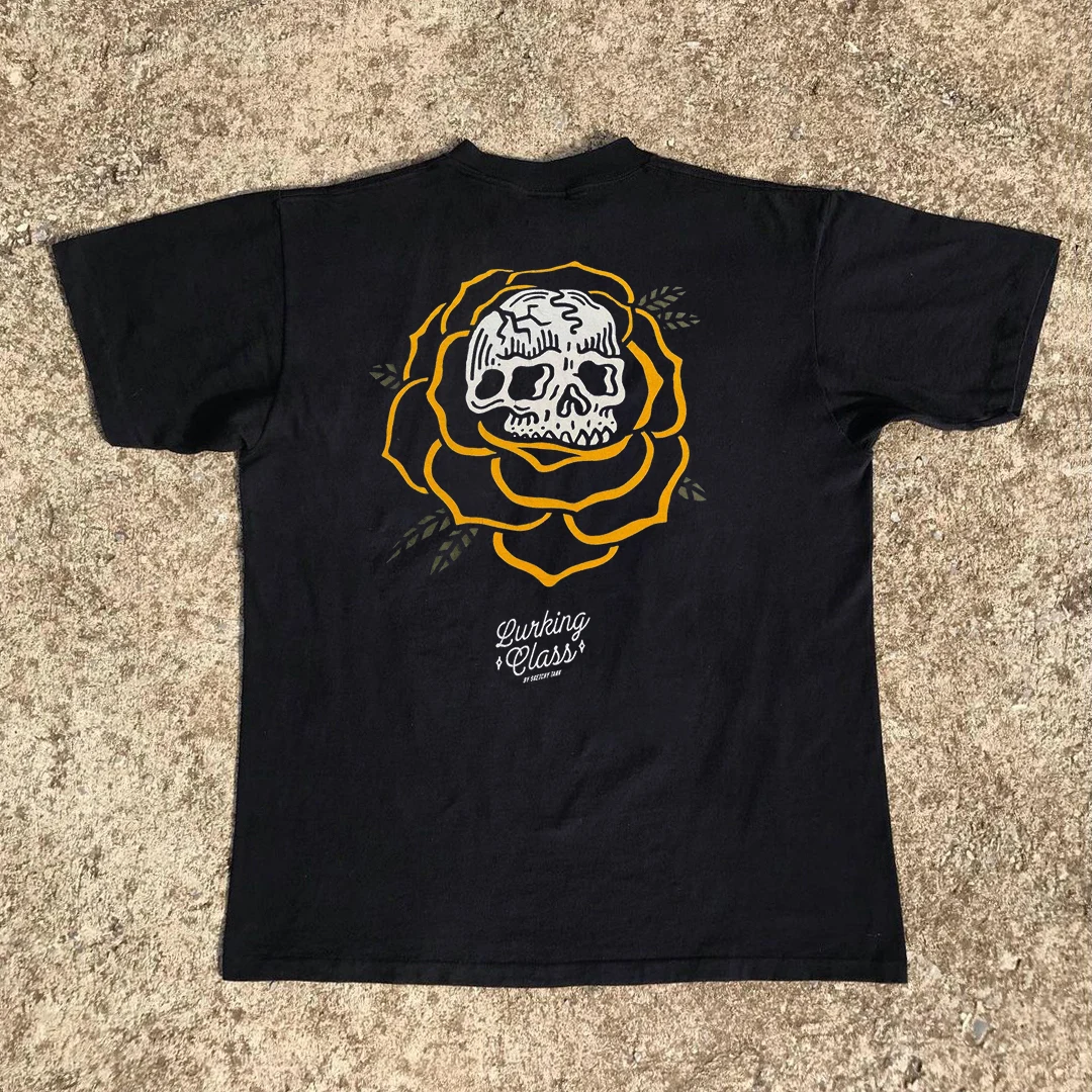 Unisex Short Sleeve T-Shirt Skull Rose Print American Retro Dark Coast College Style Men's Women's Breathable Cotton Summer Tee