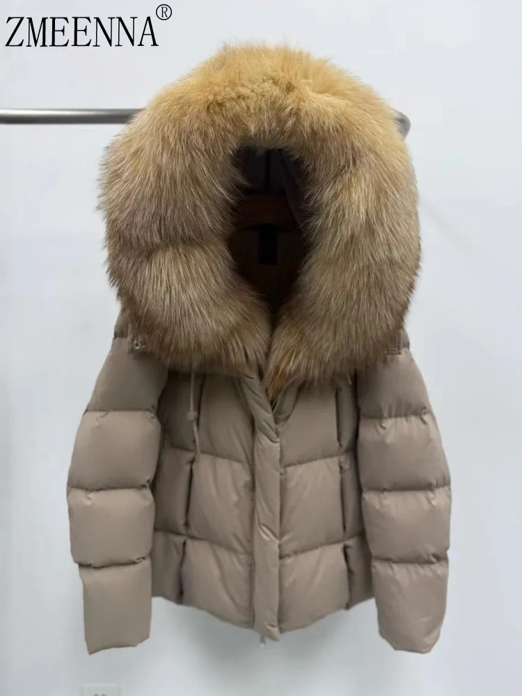 

ZMEENNA Womens Short Down Puffer Coat Real Fur Hood Trimmed Winter Jacket Warm Outerwear Beige Fashion Fit ZM4316