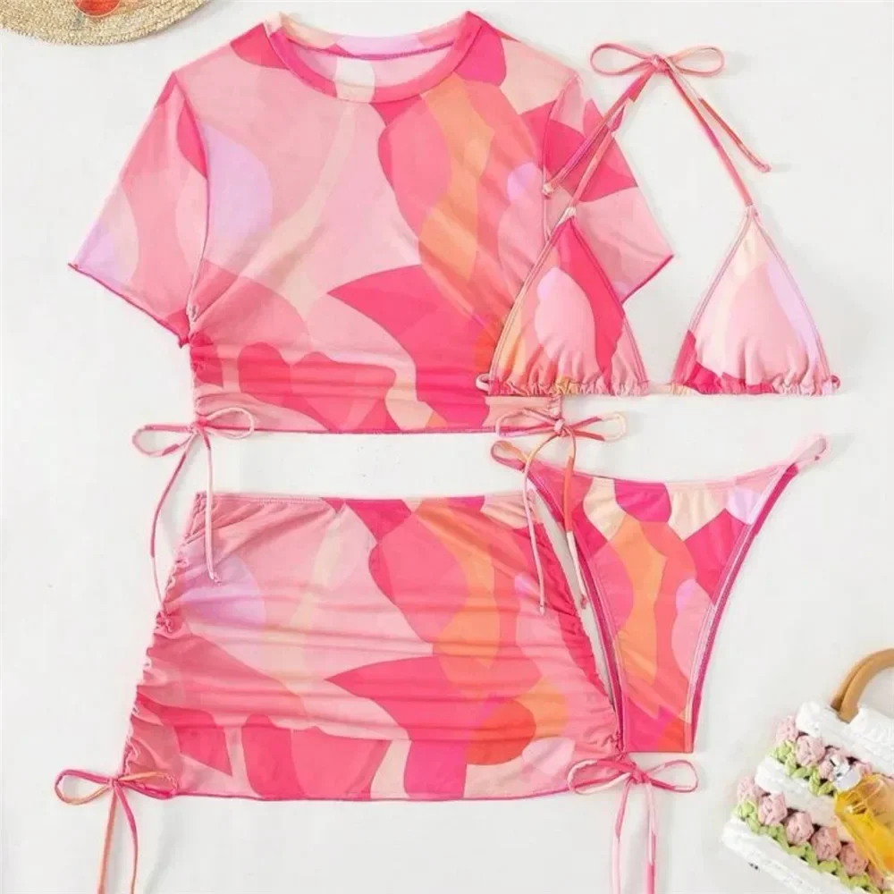 Pink Tie Dye Print 4 Piece Bikinis Sets Swimwear Cover Up Mesh Tops Skirts Sexy Swimsuit Women String Halter Bikini Beach Wear