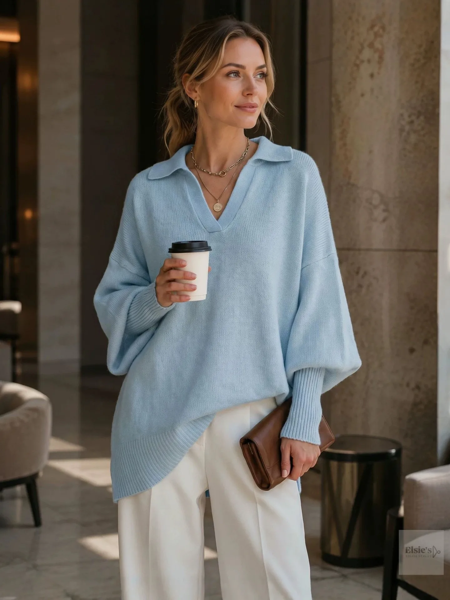 Crew Neck Pullover Sweater Mid Long Length Commuter Style with Lantern Sleeve Long Sleeve Casual Ribbed Loose Fit Women Sweater