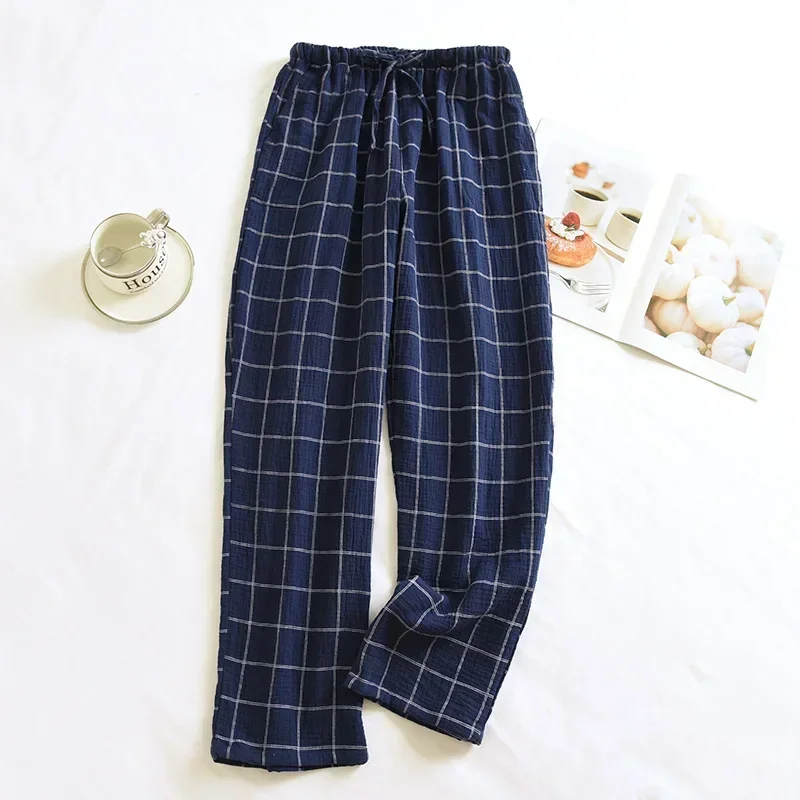 

2025 New Spring/Summer Men's Sleeper Pants 100% Cotton Crepe Pants Loose Thin Large Home Casual Checkered Home Pants Bottoms