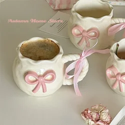 Irregular Handmade Relief Pink Bow Coffee Ceramic Cup Gift Water Cup Kawaii Cup