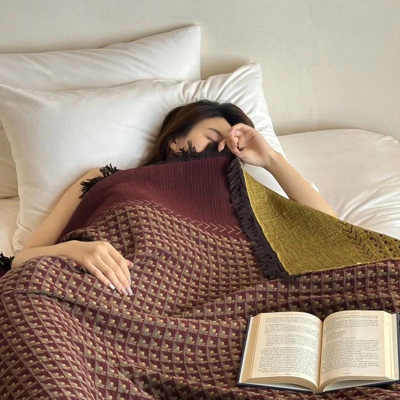 Nordic Knitted Cozy Vintage Throw Blanket: 100% Cotton Gauze, Fringed Edge for Sofa, Bed, Nap | Warm & Multi-Use