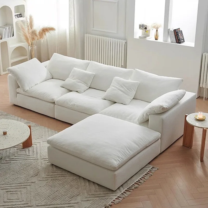 Compression light luxury modern fabric French retro cream style living room straight row down white sofa