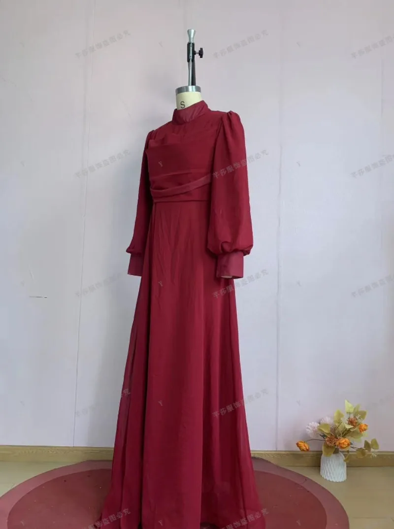 2026 Neues Elegantes Korsett Muslimisches Party-Maxikleid Dezentes Damenkleid mit Langen Ärmeln und Hohem Kragen Sommer Chiffon A-Linie Formelles Abendkleid – Detail 4