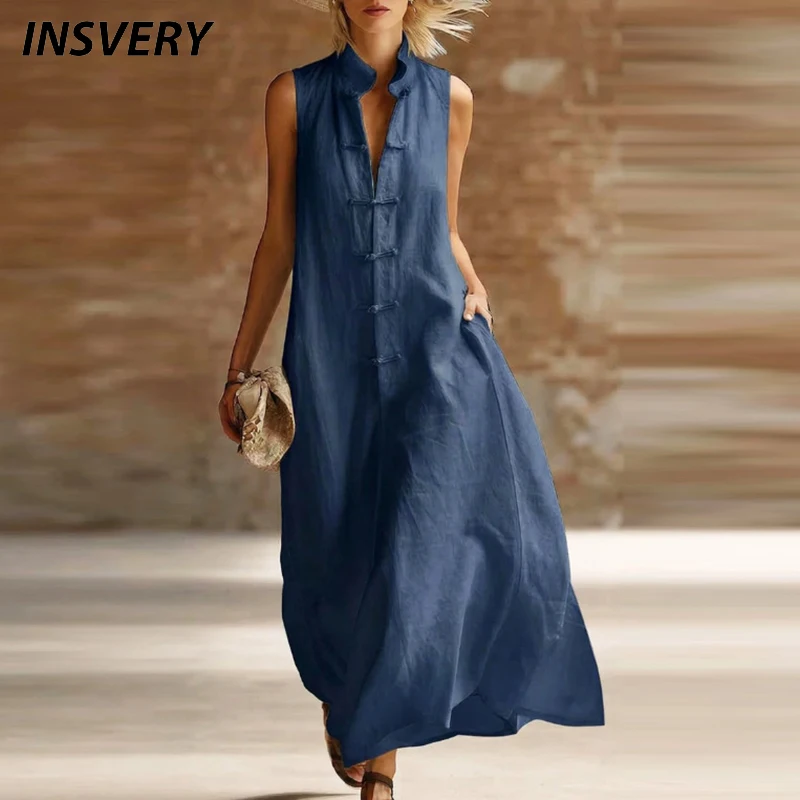 Elegant Stand Neck Button Design Beach Holiday Dress Summer Women Casual Pocket Loose Maxi Dresses For Women Solid Color Robe