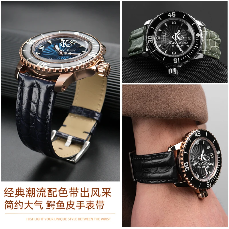 Imagem -03 - Crocodilo Pulseira de Relógio Acessórios para Blancpain Cinqüenta Brahoms Blackknight 5000 5015 Couro Genuíno Relógio Banda 23 mm à Prova Impermeável Água