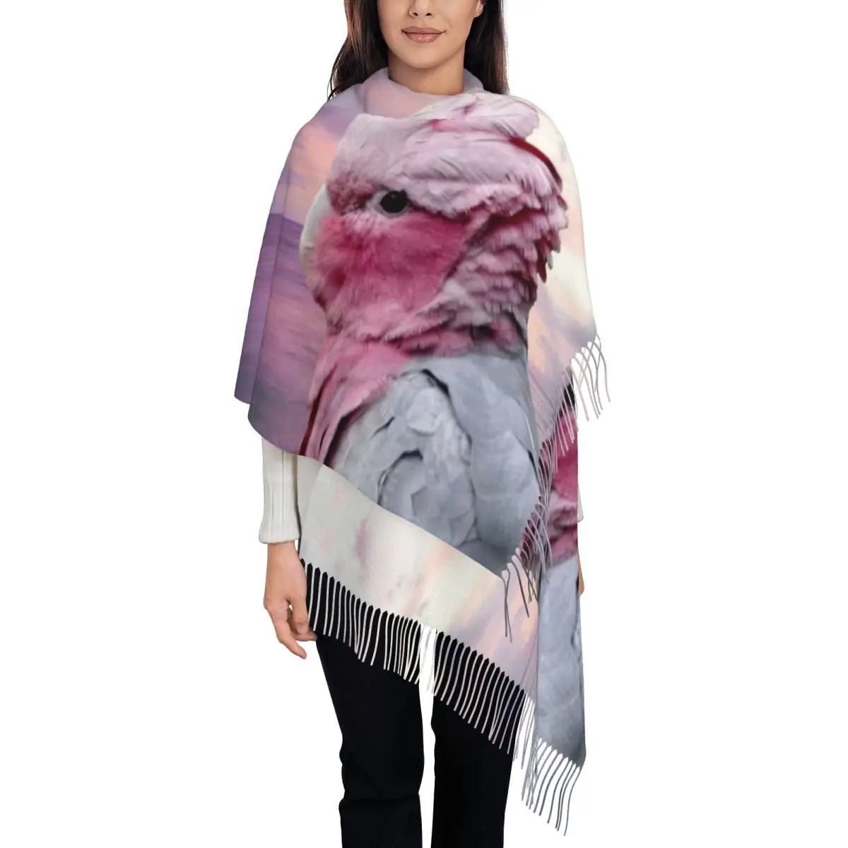 Custom Ladies Long Galah Cockatoo Scarves Women Winter Fall Thick Warm Tassel Shawl Wrap Pink Bird Parrot Scarf