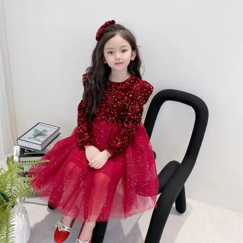 Spring and Autumn New Girls' Sequin Princess Dress Stylish Birthday Christmas Dress Little Girl New Year Dress