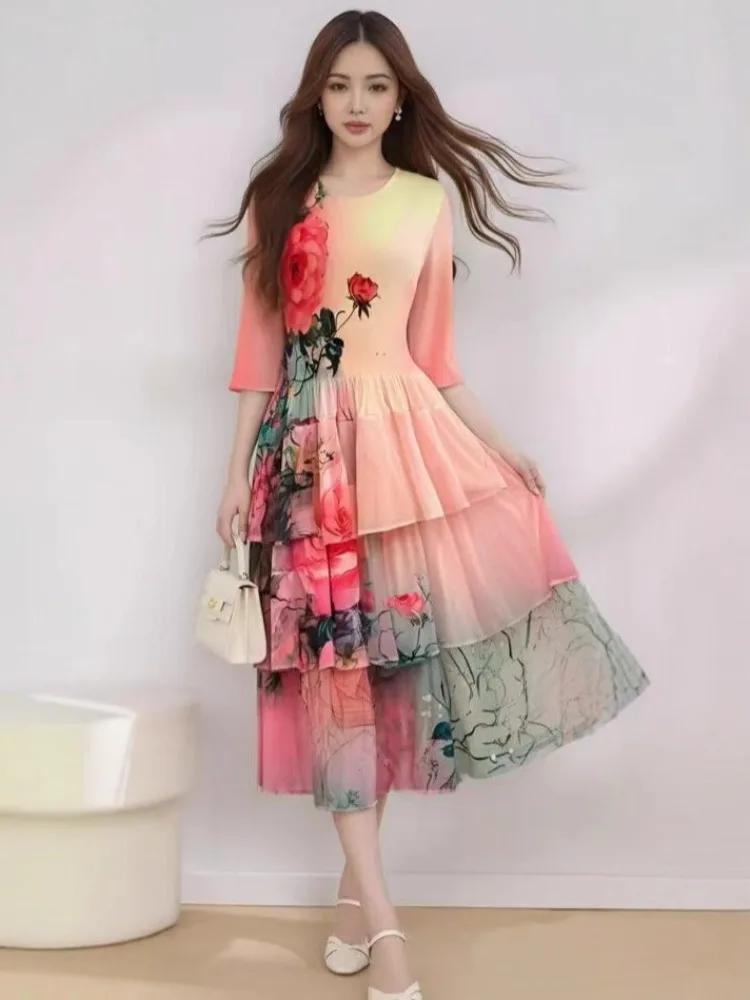 

Miyake Folds 2025 New Spot Loose Women's Clothing Fashion Slim Fit Crew Neck Printed Loose Dress