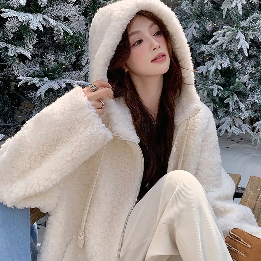 سميكة أفخم منتصف طول الفراء سترة المرأة فضفاضة تناسب صوف الضأن معطف مقنع الشتاء نمط جديد ملابس خارجية الموضة #3