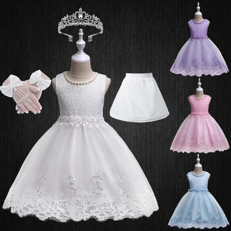 

2-10 Years Elegant Flower Girl Lace Floral Wedding Bridesmaid Christening Dress with Pearl Child Sequin Princess Party Dresses