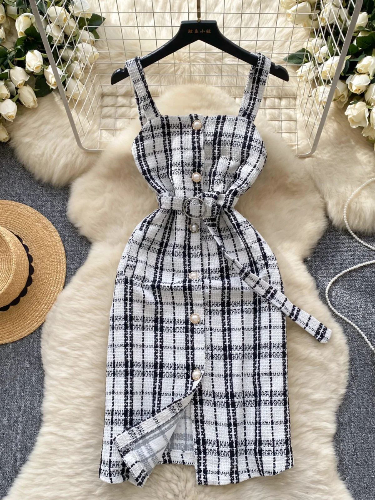 E Vestido Cruzado a Cuadros para Mujer, Corte Entallado, Falda en Línea A, Manga Larga, Estilo Casual, Fibra de Poliés...