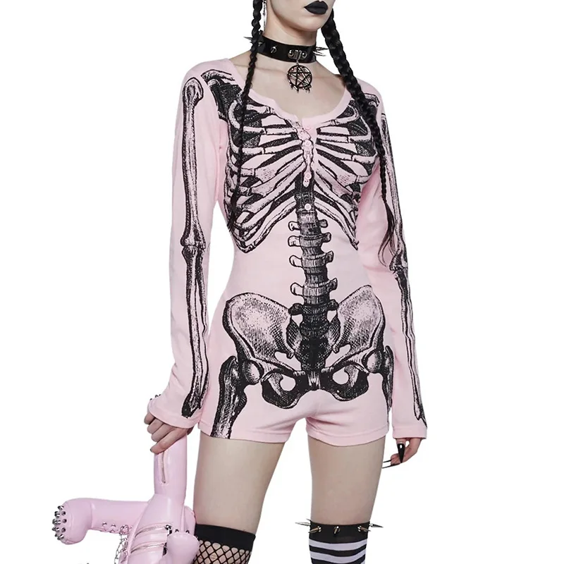 Goth Dark Skull Bone Print Anime Long Sleeve Skinny Playsuits Mall Gothic Button Up Rompers Halloween Cosplay Women Techwear Y2K