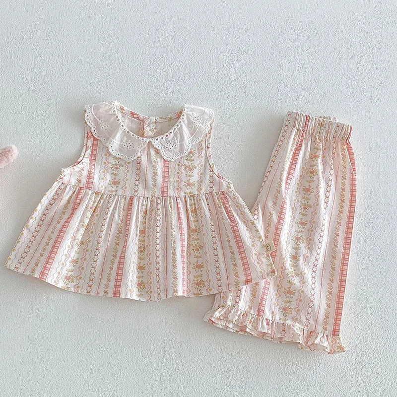 2026 New Summer 0-5Yrs Children Clothes Suit Sleeveless Cotton Printed Top+Pants Newborn Baby Girls Clothing Set