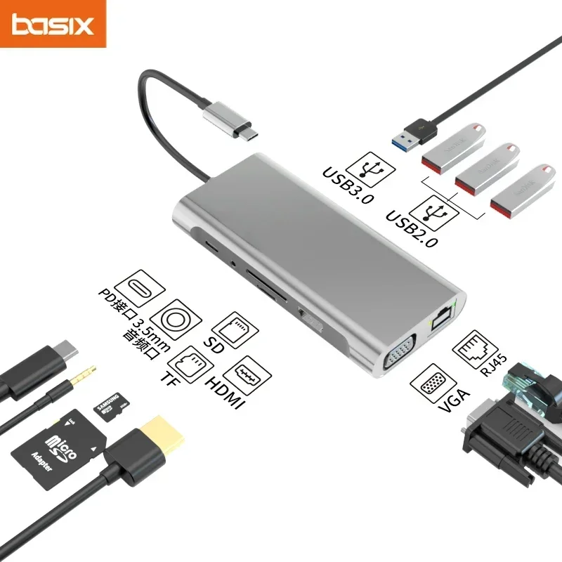 Basix USB C Hub Type-C Hub to HDMI Adapter 4K Thunderbolt 3 TF SD Reader Slot PD For MacBook Air Pro M2 M1 Chip dock station