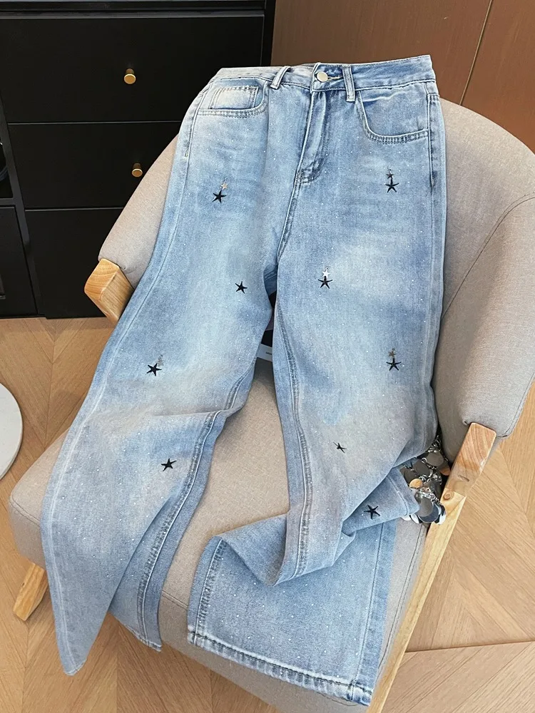 

Hot stamping star embroidered design jeans women summer straight leg pants high waist thin and narrow fit wide leg pants