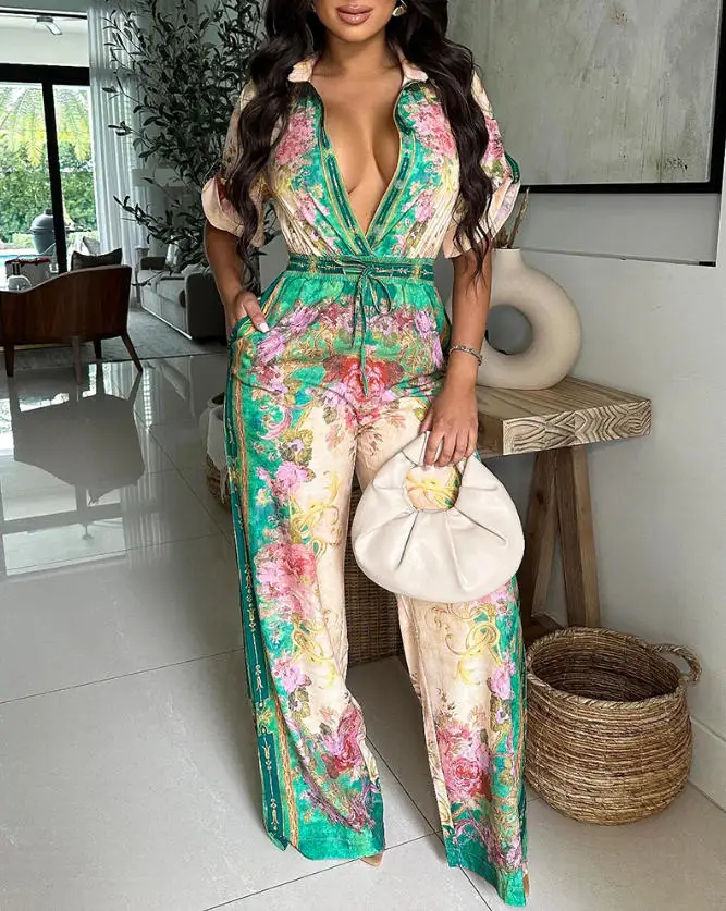 

Женский комбинезон 2026 года, весенний, винтажный, с цветочным принтом, отложным воротником, рукавами-буфами, на пуговицах, повседневный, с широкими штанинами