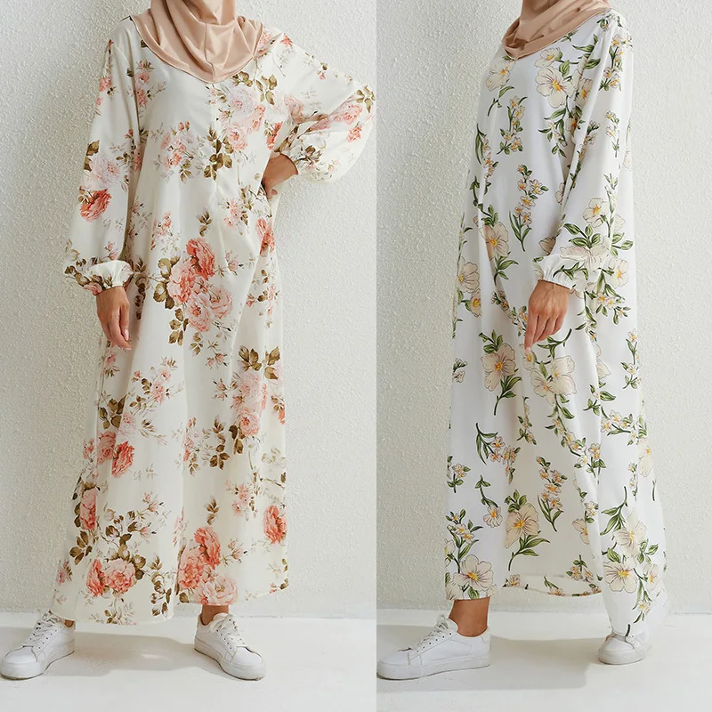 Women Long Dresses Muslim Loose Robe Casual Full Sleeve Print Solid Maxi Sundress Spring Ladies Long Vestidos Turkish Clothing