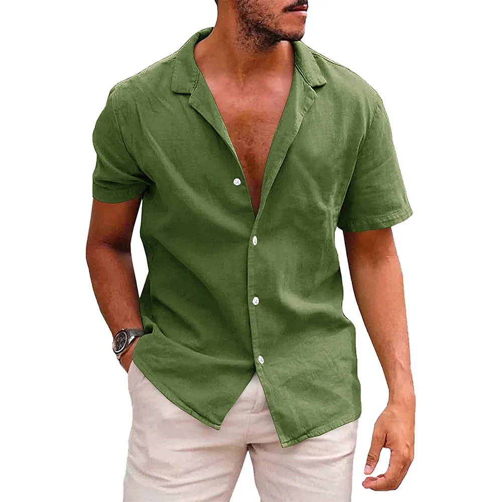 Summer Solid Lapel Button Short Sleeve Linen Shirt Men's Casual Top
