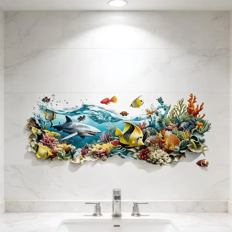 Ocean Fish Sink Area Background Wall Sticker Bathroom Wall Decoration Self-Adhesive Removable Waterproof Creative Sticker