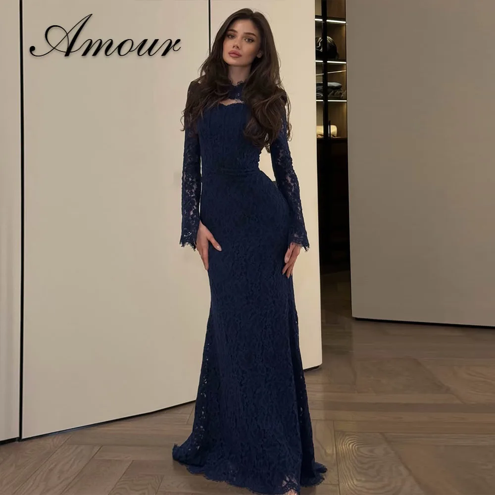 Amour Marineblaue Spitzen-Abendkleider mit Jacke, Meerjungfrau-Stil, Vestidos De Fiesta Elegantes, lange Ärmel, Robes De Soirée, individuell gestaltet