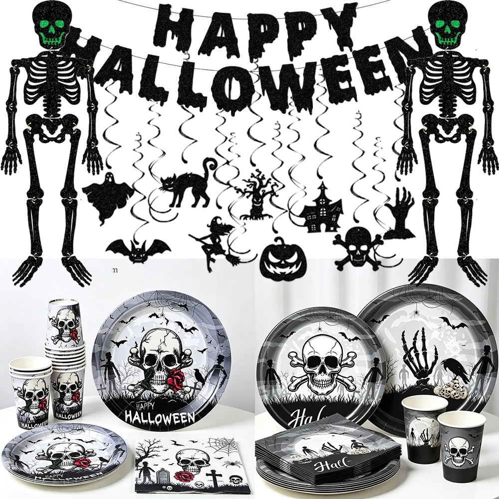 Schwarzes Totenkopf-Skelett Halloween-Party Einweggeschirr Happy Halloween Banner Hängende Girlande für Gruselige Gotische Halloween-Party