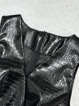 European American Crocodile Pattern Women PU Leather Sleeveless V-neck Vest Dress Hip Short Skirt Streewear Woman Bodycon Dress 4 European American Crocodile Pattern Women PU Leather Sleeveless V-neck Vest Dress Hip Short Skirt Streewear Woman Bodycon Dress 4