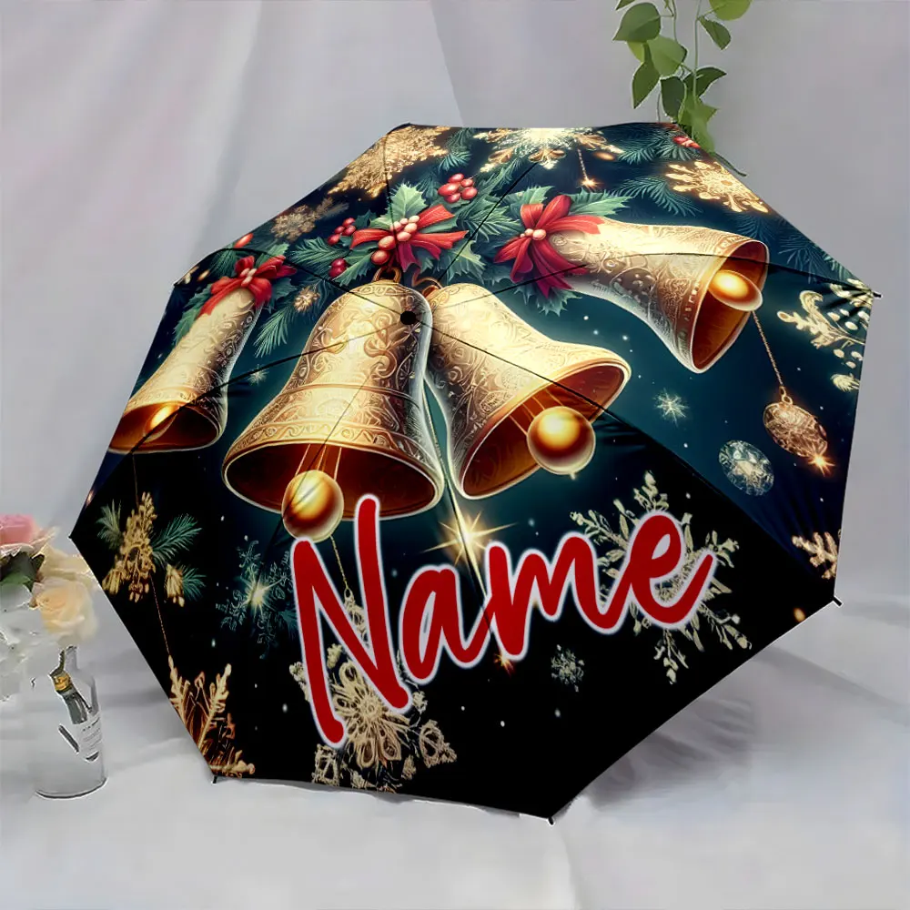 Custom Name Golden Bells and Snowflake-Themed Festive Umbrella Print 8 Iron Ribs Folding Umbrella Auto-Open Fashion Sunshade