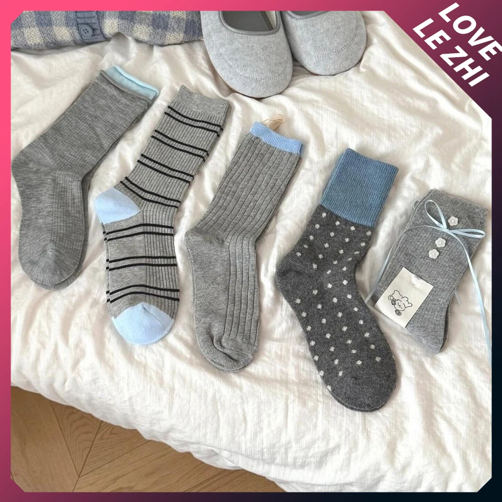 

1 Pair Mixed-Color Fashion Grey Blue Retro Dots Mid-Tube New Women Socks Crimping Edge Socks Casual Warm Antifriction Socks