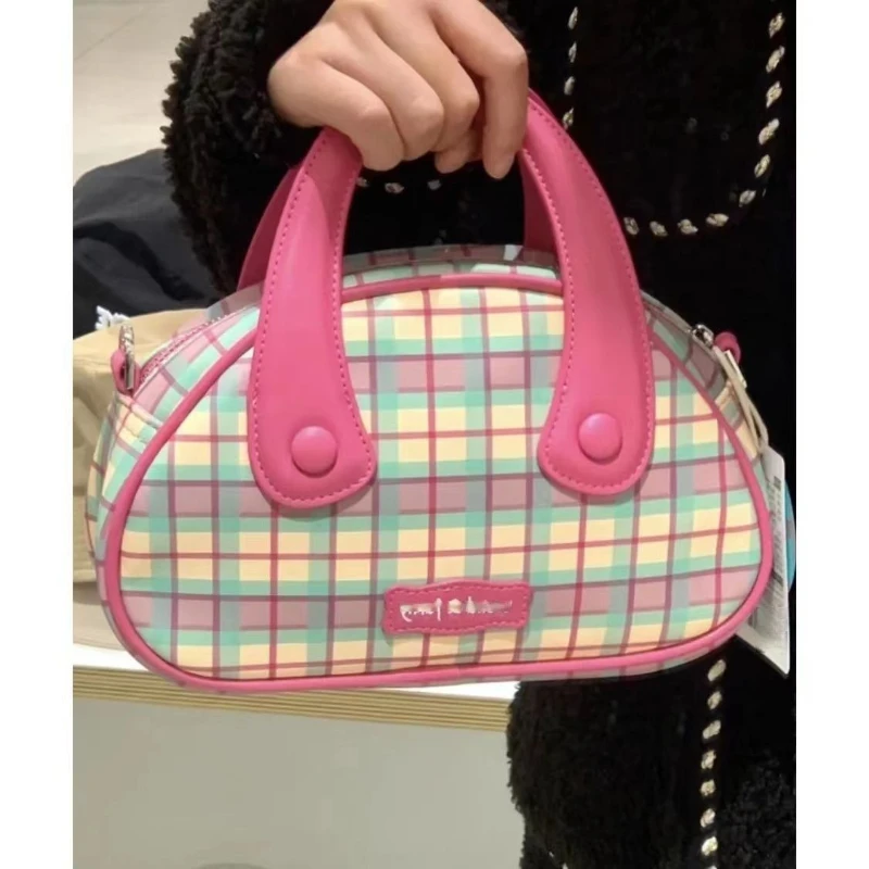 Pink Plaid Series Bowling Handbag Women\'s Spring New Fashion All-match Shoulder Bag Diagonal Bag Pink Bag Aesthetic Bags
