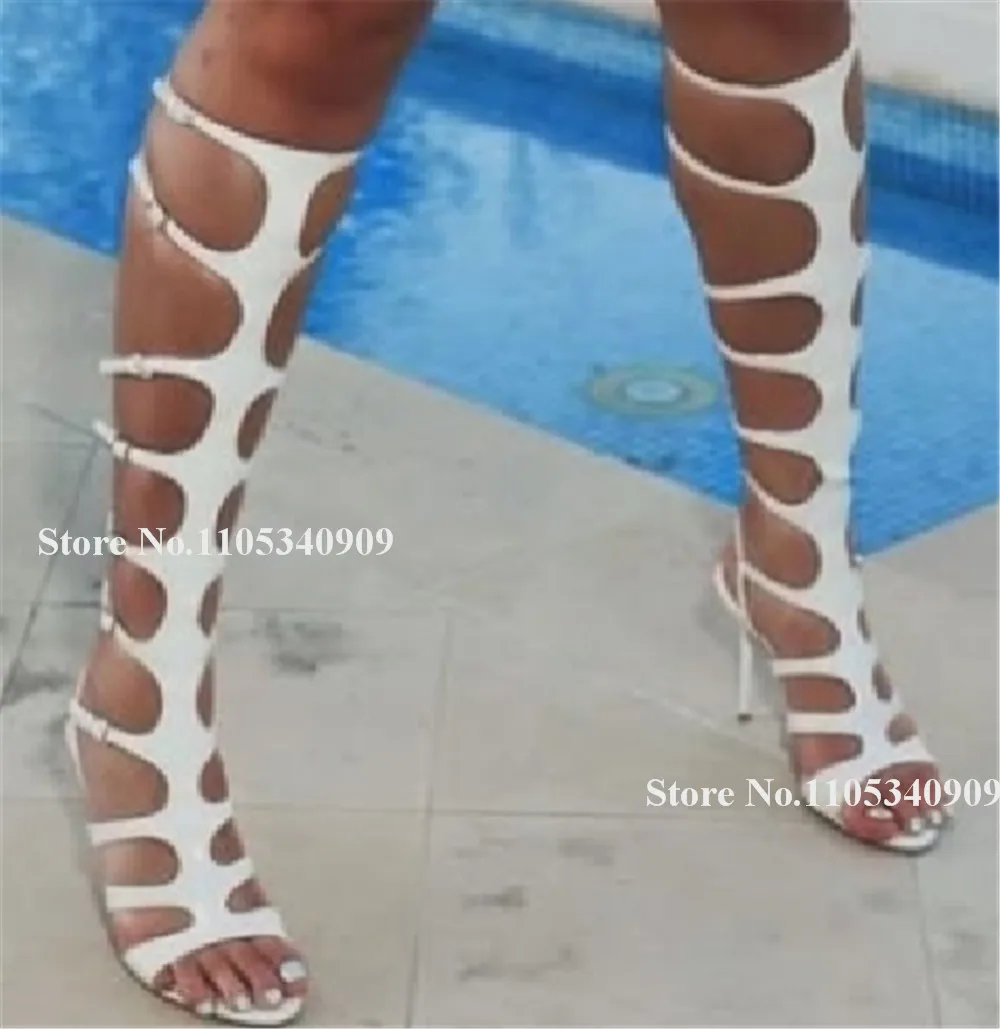 Bondarenko White Black Matte Leather Stiletto Heel Knee High Gladiator Boots Open Toe Thin Heel Long Party Dance Shoes
