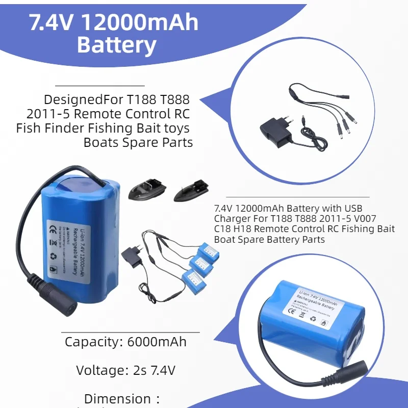 

7.4V 12000mAh Battery with USB Charger For T188 T888 2011-5 V007 C18 H18 Remote Control RC Fishing Bait Boat Spare Battery Parts