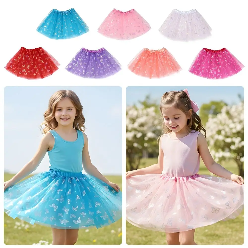 Butterfly Print Tulle Skirt Three-Layered Elastic Waist Dance Costume A-Line Short Polyester Fiber Net Gown Party Role-playing