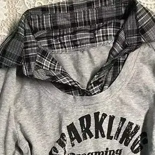 

Onalippa 2021, большая серая клетчатая лоскутная футболка в американском студенческом стиле с длинными рукавами, женская осенняя винтажная одежда, топ