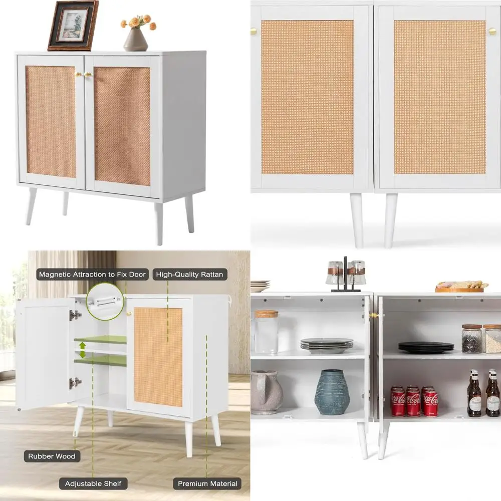 

Wicker-Decorated Buffet Cabinet - White Storage Sideboard for Kitchen, Hallway, Living Room