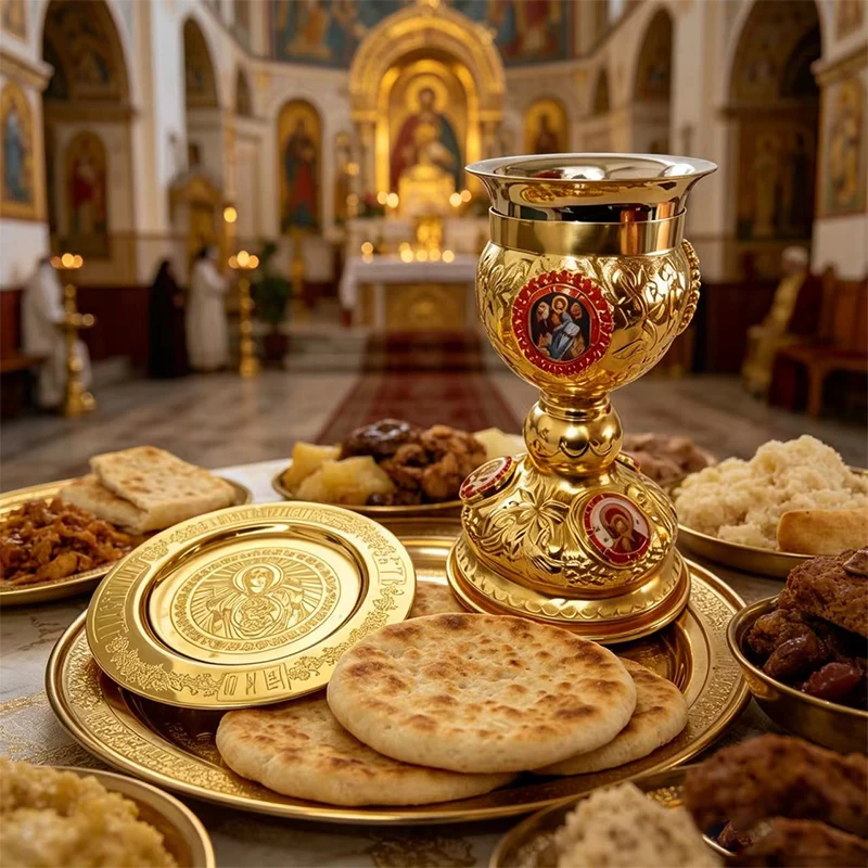 Neues 2026 geprägtes, vergoldetes Kommunionskelch- und Paten-Set für christlich-orthodoxe Altarliturgie und heilige Kommunion – Geschenk – Detail 1