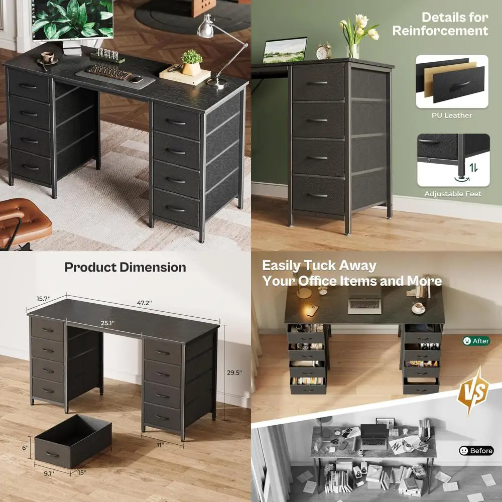 47 Inch Large Fabric Drawer Computer Desk for Home Office, Study, and Gaming with 8 Storage Drawers