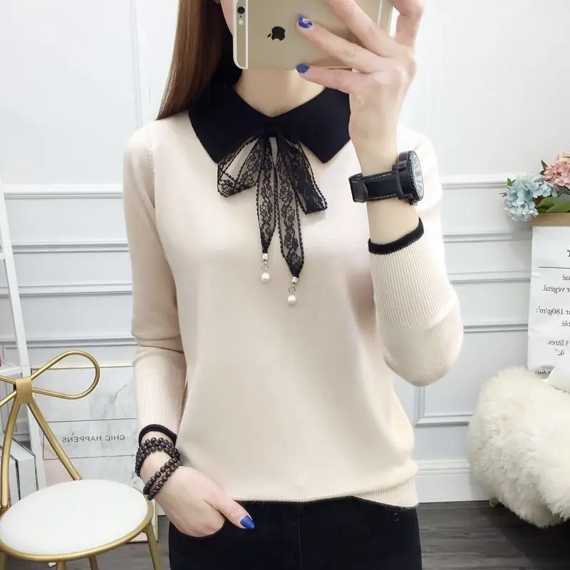 Autumn Winter Polo-neck Elegant Fashion Lace Up Sweater Ladies Bandage All-match Jumper Top Women Bottoming Knitting Pullover