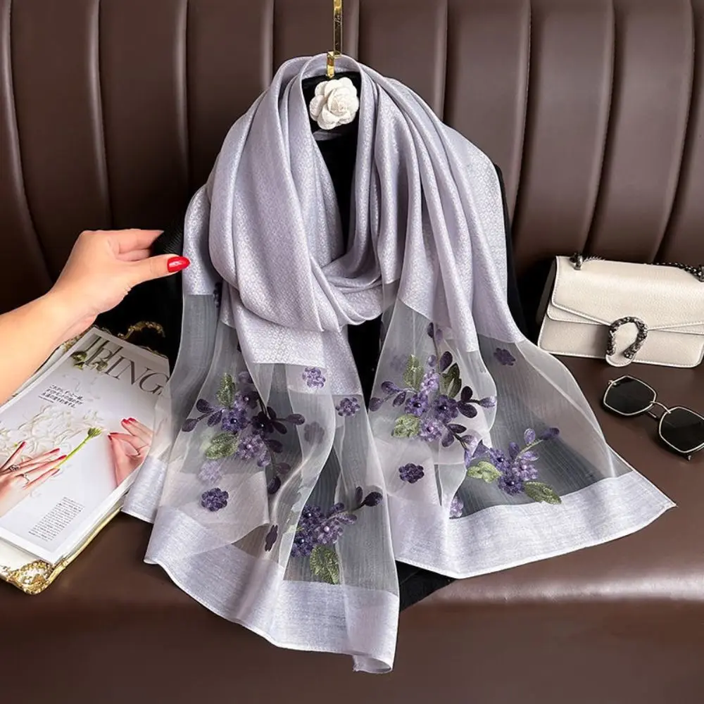 Fashion Soft Thin Luxury Silk Scarf Flower Embroidery Foulard Women Hijab Shawls Wraps Large Shiny Lace Scarf Female